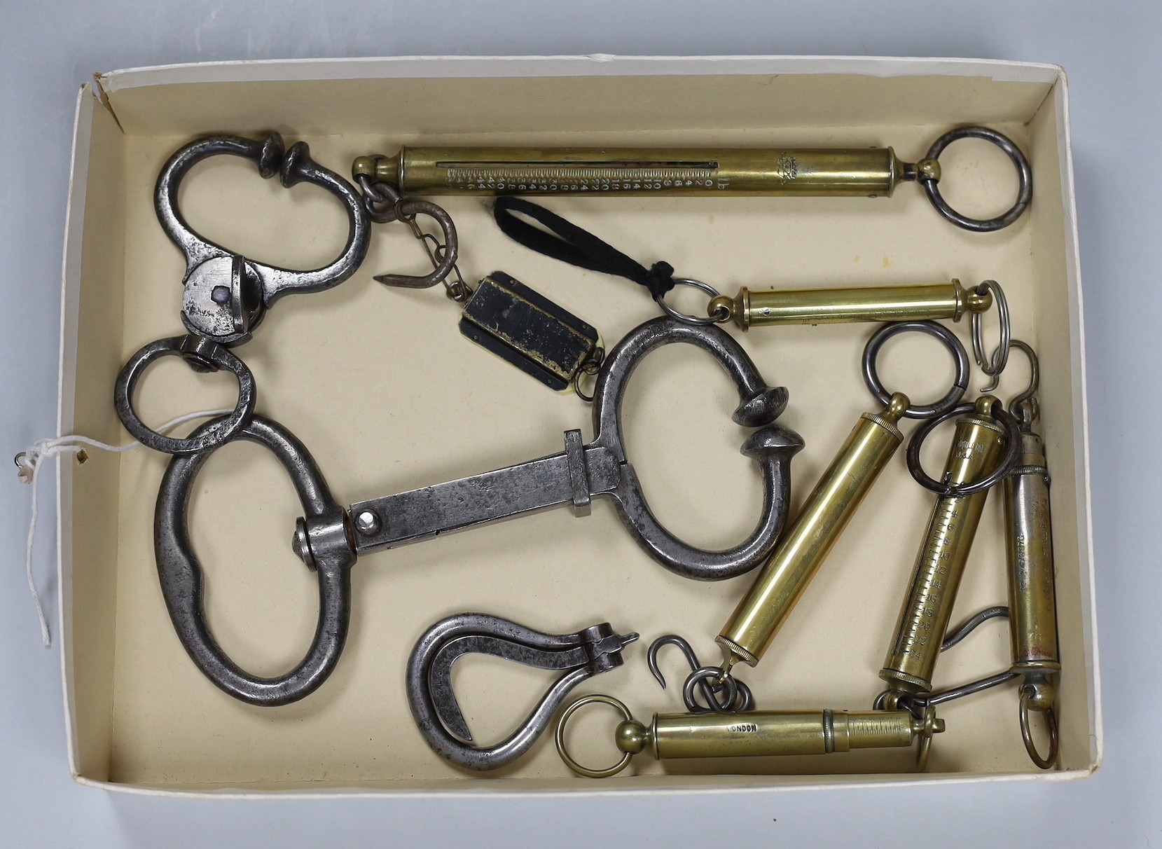 19th century steel bull rings, collection of brass Newton scales